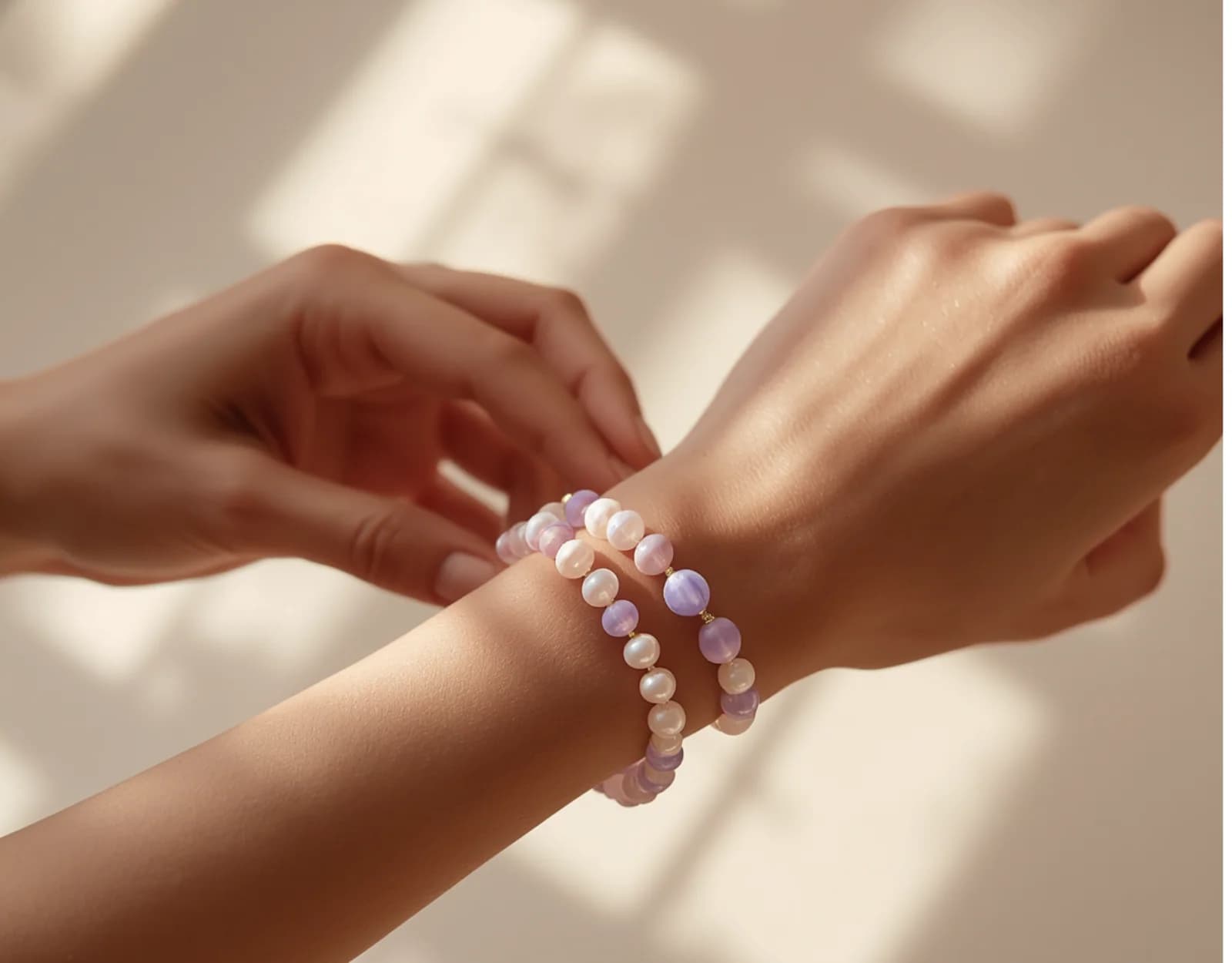 Hands fastening a pink, pearl, and lavender beaded bracelet