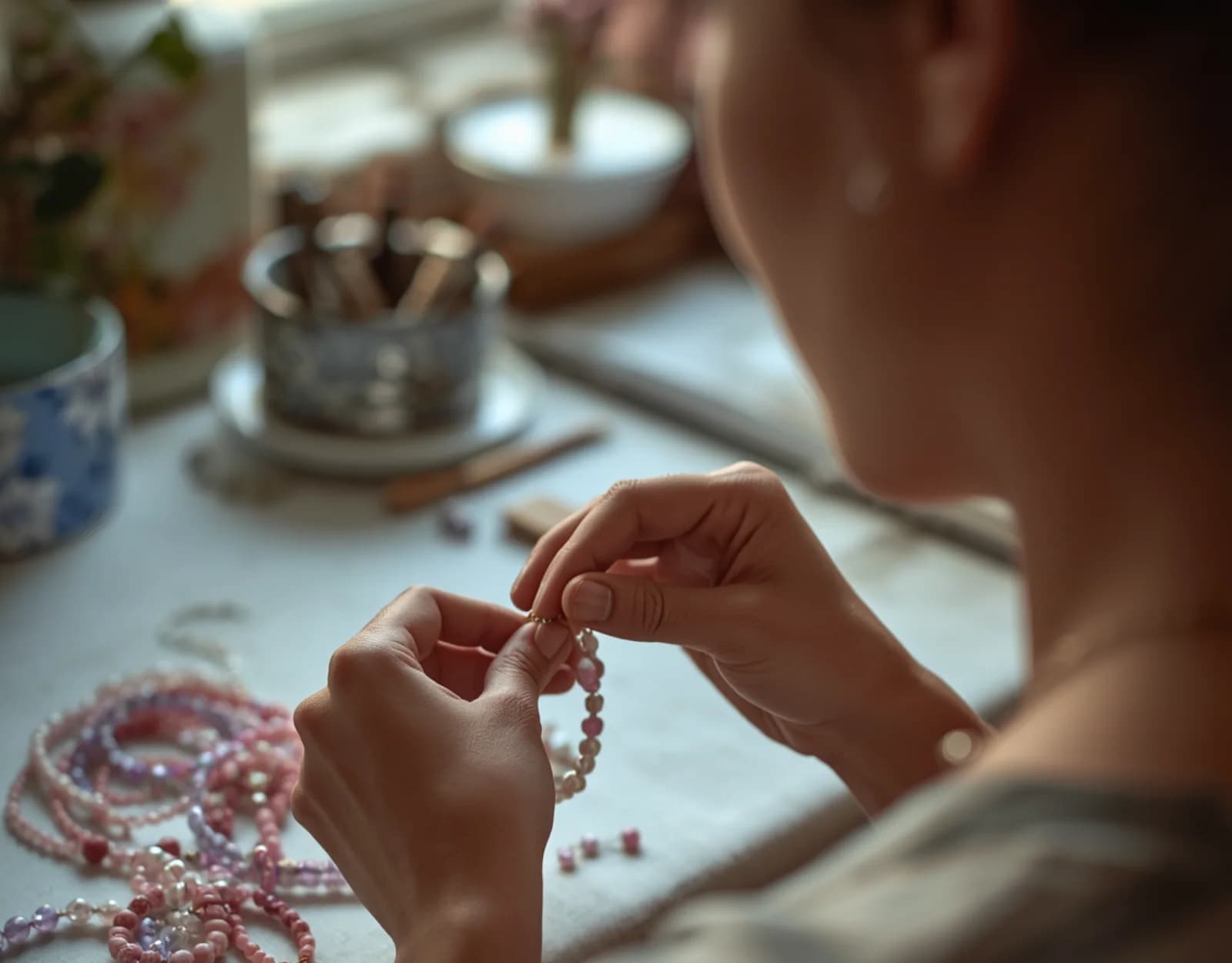 Jewelry maker finishing a pink and lavender beaded bracelet